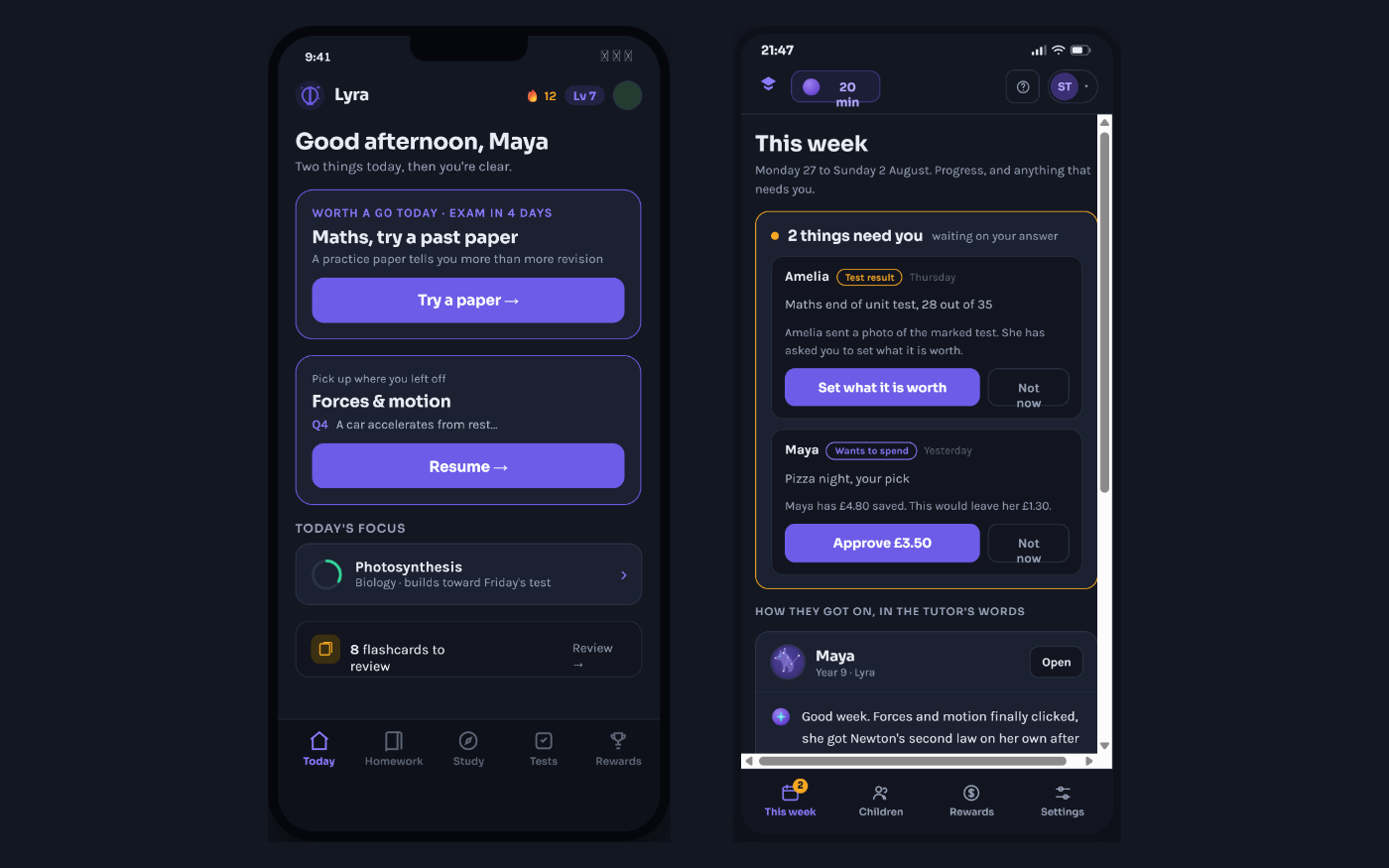 The pupil app and the parent portal, side by side on two phones